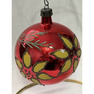 Vintage Fantasia Poland Hand Painted Red Floral Christmas Tree Ornament 2.75”